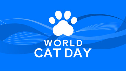 World cat day banner with paw print and abstract waves on blue background, vector illustration © KR Studio