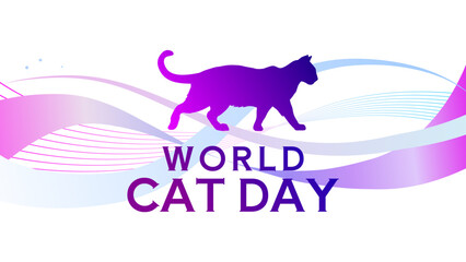World cat day horizontal banner with purple cat silhouette and abstract waves on white background, vector illustration © KR Studio
