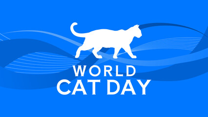 World cat day banner with white cat silhouette on blue abstract wave background, vector illustration banner, poster © KR Studio