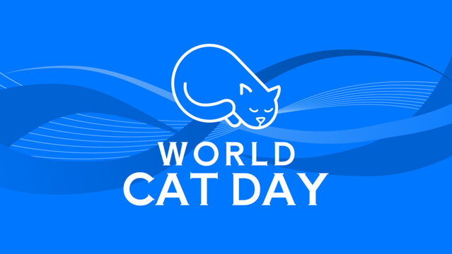 World cat day, sleeping line art kitten on blue background - banner, poster, vector illustration