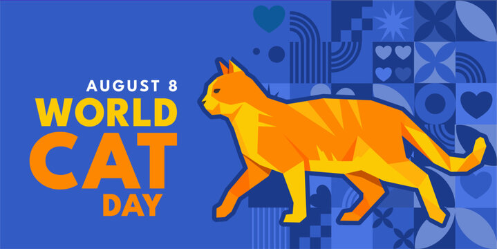 World cat day banner with geometric orange cat on blue background, vector illustration