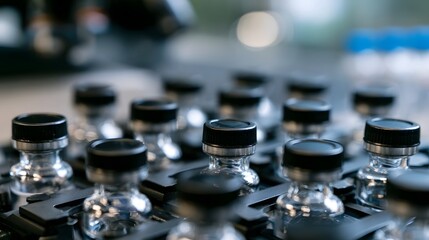 Naklejka premium A collection of hygienic vials and test tubes arranged neatly in a professional organized laboratory setting