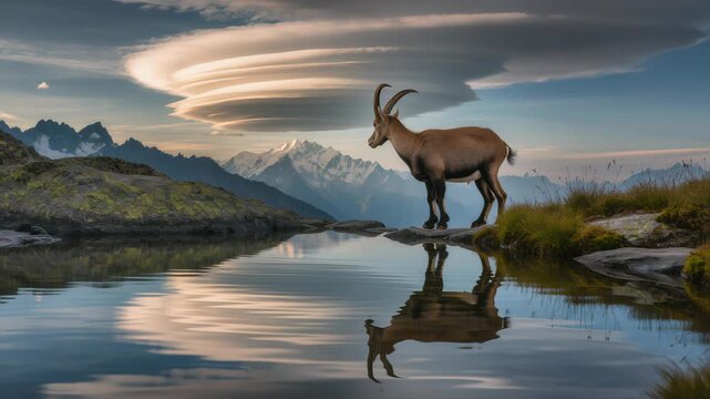 Alpine Ibex Reflected in Mountain Lake Beneath Lenticular Clouds