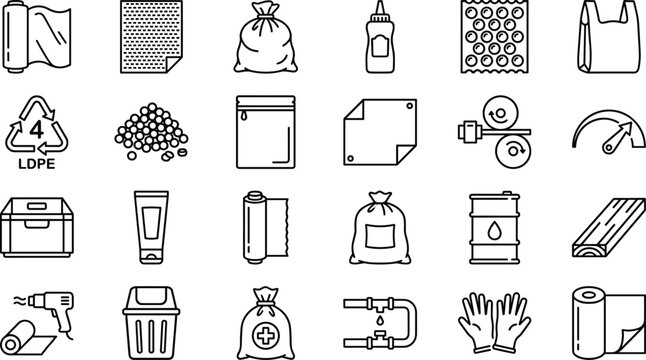 Packaging Materials and Industrial Supply Icon Collection with Plastic Products, Recycling Symbols, Storage Containers and Manufacturing Equipment Outline Vector Set