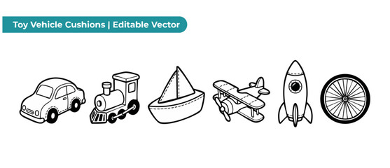 Toy vehicle cushion vector templates featuring outline illustrations of cute car, train, steam locomotive, sailboat, propeller airplane, space rocket, and wheel for nursery decor sewing patterns. © Dinali