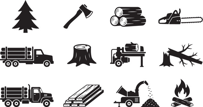 Collection of logging industry icons, includes pine tree, axe, logs, chainsaw, stump, log loader, and wood chipper.