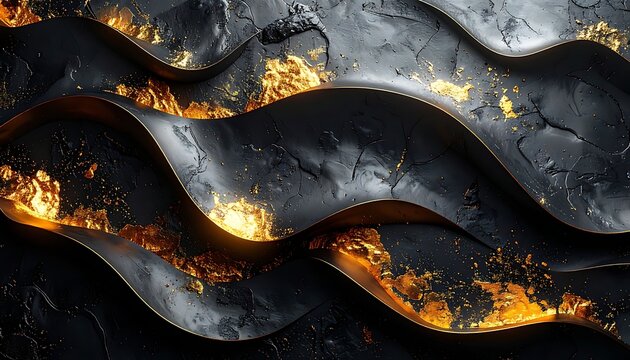 A dark, wavy, abstract pattern with orange flames