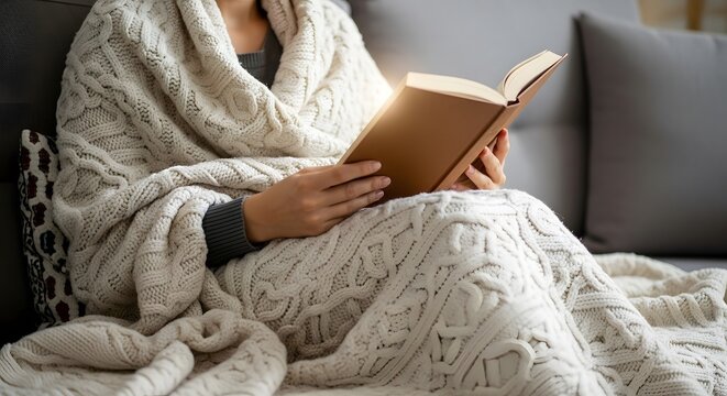 Person cozy on sofa reading book with knitted blanket at home with generated by