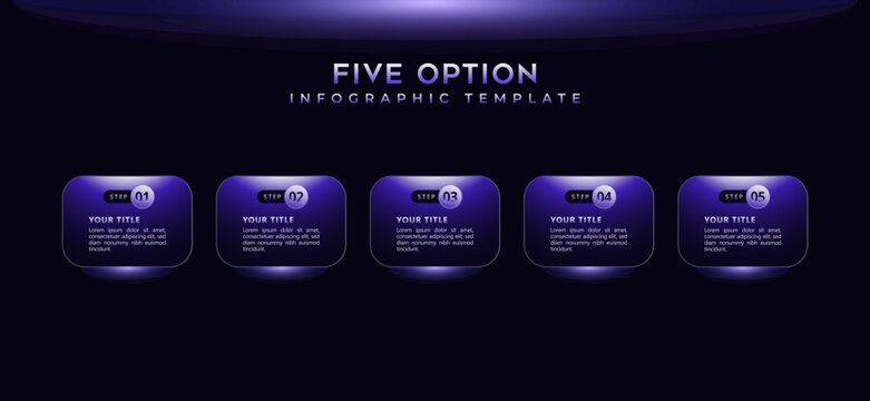 Modern technology infographic template. 5 step process flow, neon gradient connections, analytic icons, business presentation layout, chart visualization, editable vector elements on dark background.