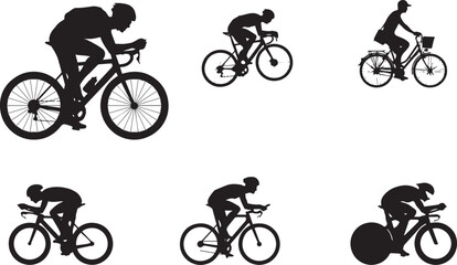 Obraz premium Collection of cyclist silhouettes in racing and commuting poses with bicycles isolated sports vector illustration set
