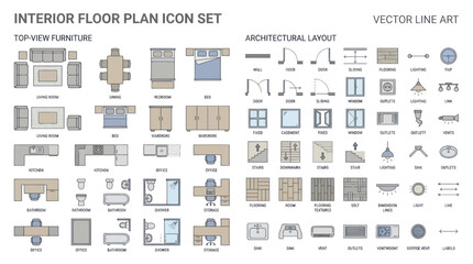 Interior Floor Plan Icon Set: Top-View Furniture and Architectural Layout Symbols © rara