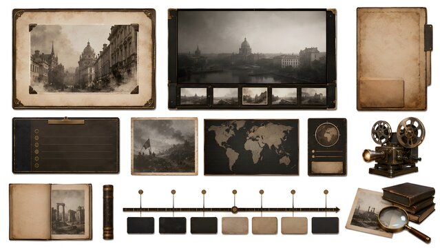 Historical Documentary Template with Vintage Archive Frames, Timeline Interface and Museum Style Design