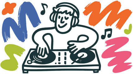 Fototapeta premium DJ, music, vector illustration, turntable, headphones, colorful, fun, party, nightclub, dance