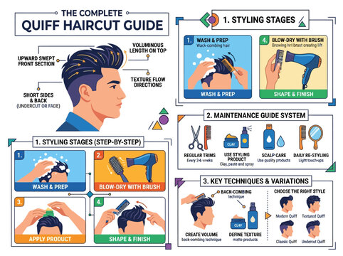 The complete quiff haircut guide infographic for men: step-by-step styling, essential maintenance, and popular style variations.