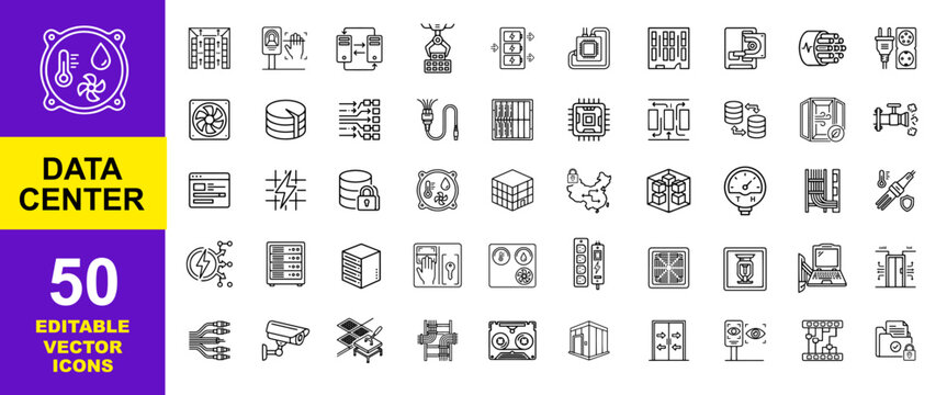 Data Center Infrastructure Line Icons Set. Server Rack, Cloud Storage, Network Security, Cooling System, Power Distribution, Database Management and IT Operations Vector Collection