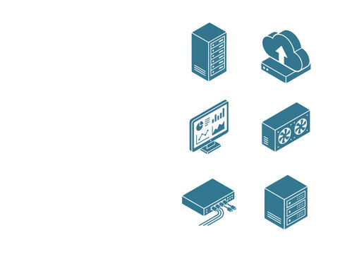 Computer server rack and cloud technology icons isometric view.