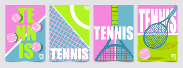 Obraz premium Set of modern tennis posters with rackets, balls and court elements. Colorful vector templates for tournaments, sports events, flyers, banners and promotional designs.
