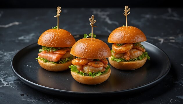Three delicious mini burgers with skewers served on a black plate. seafood slider trio
