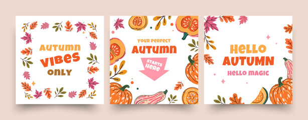 Autumn themed card templates with colorful fall leaves pumpkins and seasonal decorative elements. Creative autumn greeting cards and promotional banners with warm harvest colors. Vector illustration © Ilonka eva