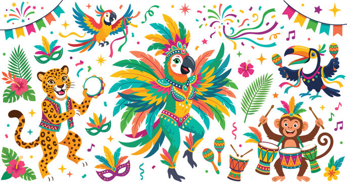 Cute Brazilian Carnival animal character set with parrot dancer leopard playing tambourine monkey drumming and toucan vector illustration isolated
