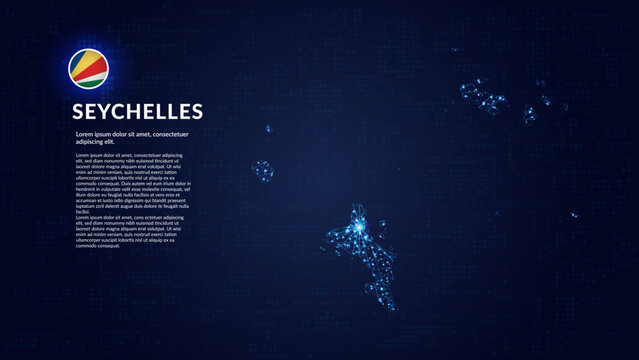 Map of Seychelles. Digital and interconnected country highlighting most important cities.