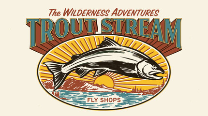 Fototapeta premium Mountain adventure vintage print design for t shirt. Explore more. Wilderness adventures trout stream fly shops artwork.