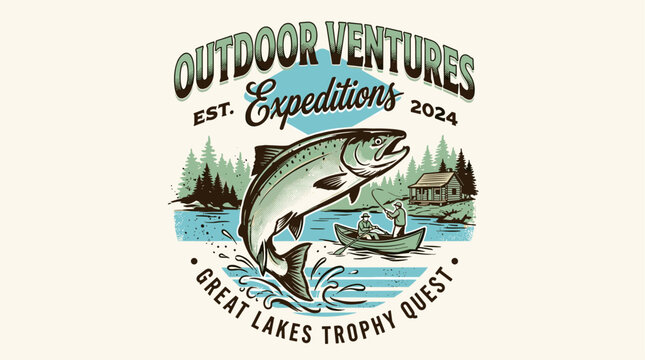 Outdoor ventures expeditions. Great lakes trophy quest fishing vintage print design for t shirt. Explore more. Salmon fish artwork.
