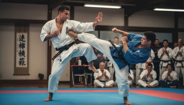 Karate kumite match with black belt fighters delivering powerful kicks and strikes in dojo competition