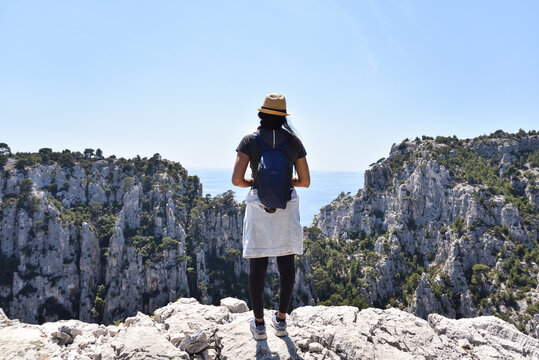 Female Hiker Amid French Riviera Mountains Along the Trail to Calanque d&rsquo;En-Vau During Summer in France