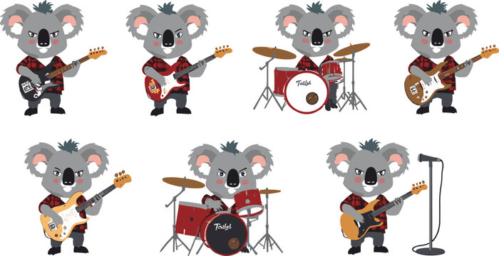 Cute koala bear rock band cartoon character set playing electric guitars bass drums and singing into microphone vector illustration
