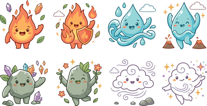 Cute nature element spirits cartoon character set with fire flame water drop stone earth and air cloud icons vector illustration