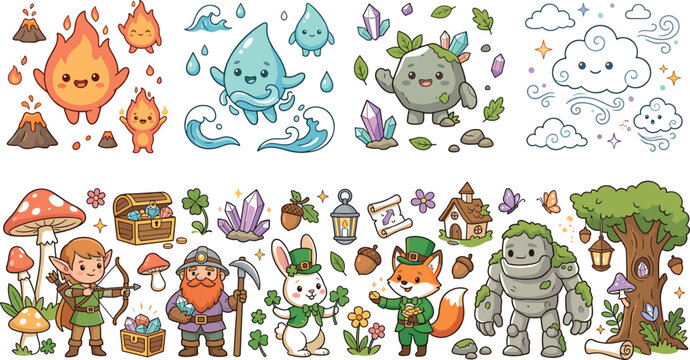 Cute nature element spirits cartoon character set with fire water rock earth air clouds and RPG fantasy creatures vector illustration
