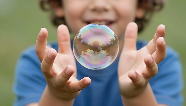 Close-up child tries to catch soap bubbles.