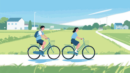 Naklejka premium People Riding Bicycles on a Country Road Vector Illustration