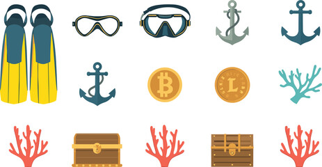  Scuba diving gear and marine treasure icon set with yellow swim fins masks anchor treasure chest and coral vector illustration © Sreemotimadhobi
