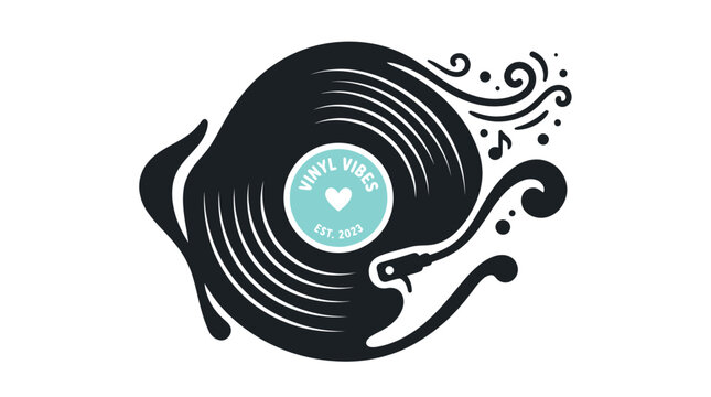 Stylized vinyl record with artistic swirls and music notes