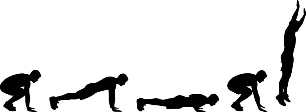 Silhouette of a man performing burpees in sequence, demonstrating the exercise steps