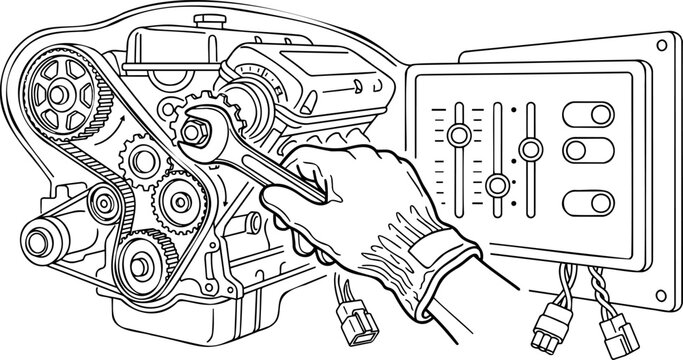 Car engine repair diagnostics and mechanic control panel concept line art vector