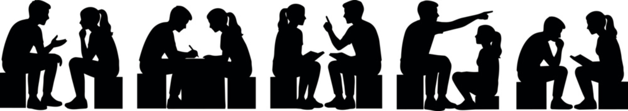 Silhouettes of diverse people interacting and collaborating in various poses