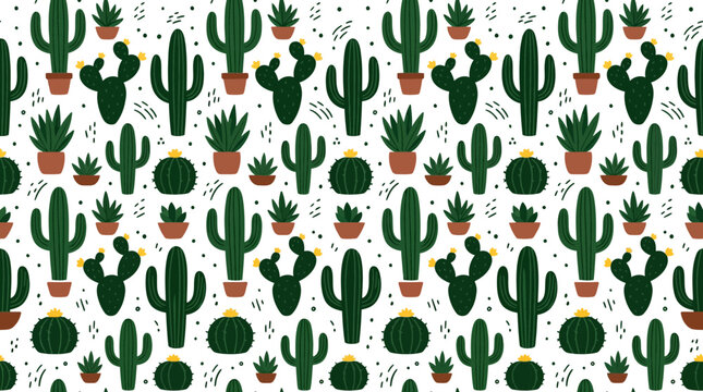 Cute Cactus Pattern, Desert Plants Seamless Background