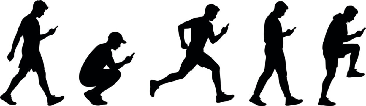 Silhouettes of men using smartphones while walking, running, and squatting