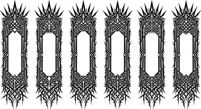 Set of Black Tribal Celtic Knotwork Vector Frames with Sharp Gothic Ornaments for Fantasy Game UI and Tattoo Border Designs