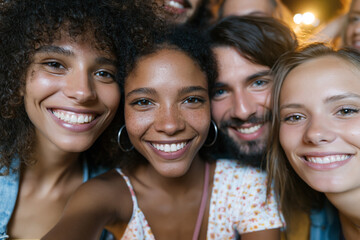 Fototapeta premium Warm group smiles fill the frame together. Close friends embrace joyful moments, eyes bright with laughter. Soft lighting highlights their happy expressions and natural beauty. Ideal for social events
