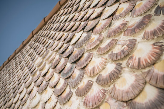 Exterior wall covered with overlapping seashells under clear blue sky.
