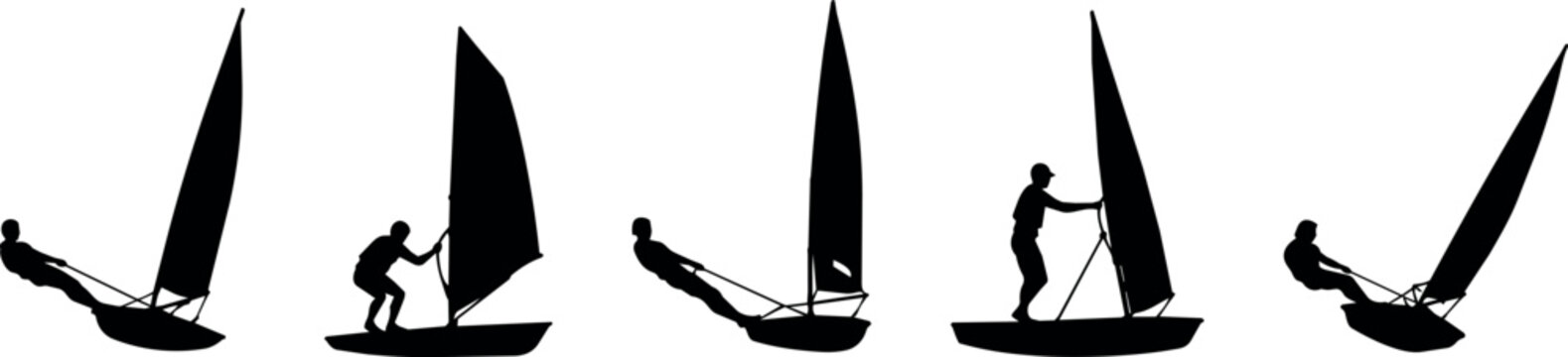 Five silhouettes of windsurfers on white background, dynamic action poses