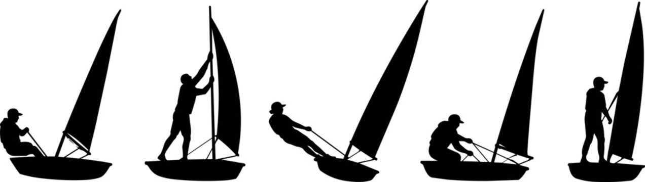 Silhouettes of people sailing small boats in various poses on white background