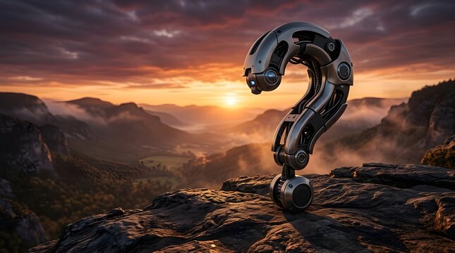 Robotic Hand Forming Question Mark Over Mountain Sunset Landscape