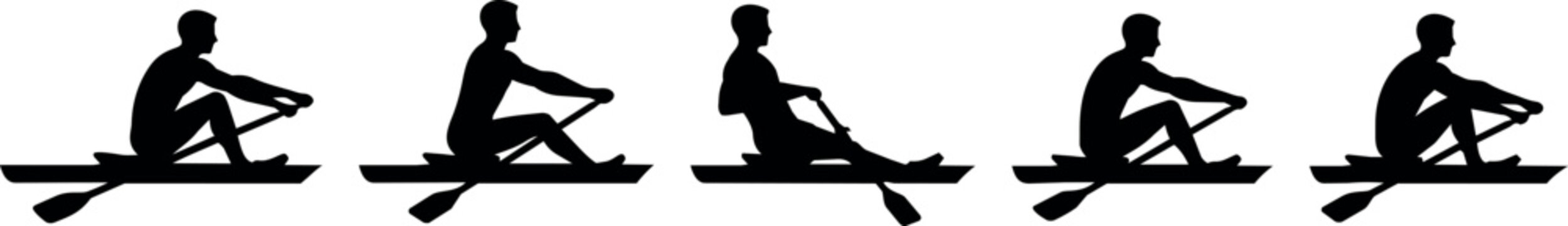 Rowing silhouettes showing different stages of the stroke in a single scull boat