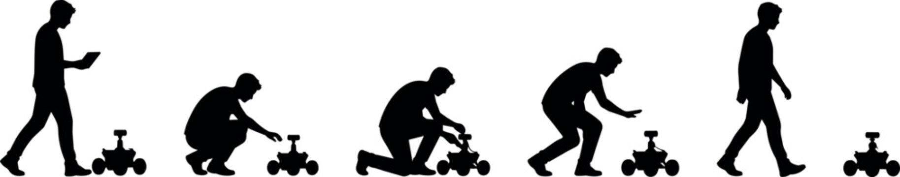 Man interacting with a small wheeled robot through different stages of control and movement