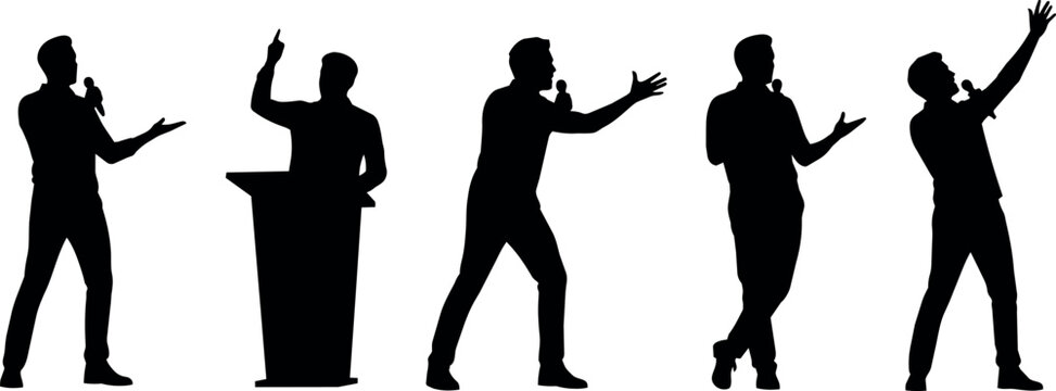 Silhouettes of speakers presenting and gesturing with microphones on white background